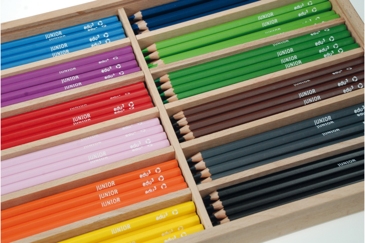 Kleurpotloden edu³ Junior 7,6 mm assorti, 144 stuks in houten kist