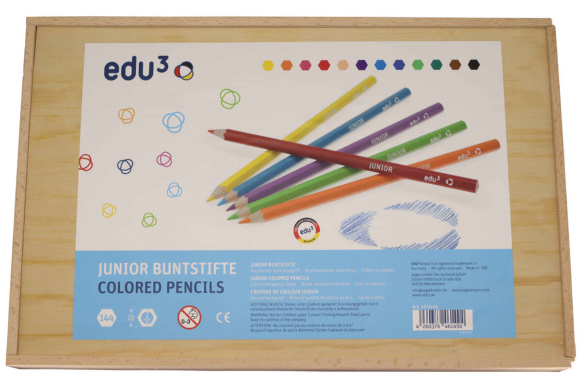 Kleurpotloden edu³ Junior 7,6 mm assorti, 144 stuks in houten kist