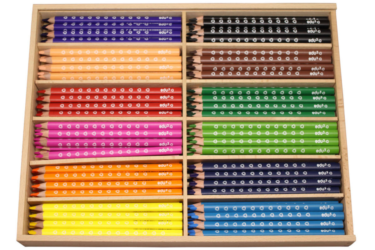 Kleurpotloden edu³ Jumbo 9,6 mm driekantig assorti, 144 stuks in houten kist