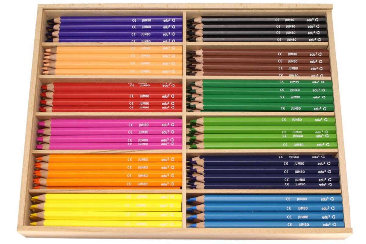 Kleurpotloden edu³ Jumbo 9,6 mm assorti, 144 stuks in houten kist