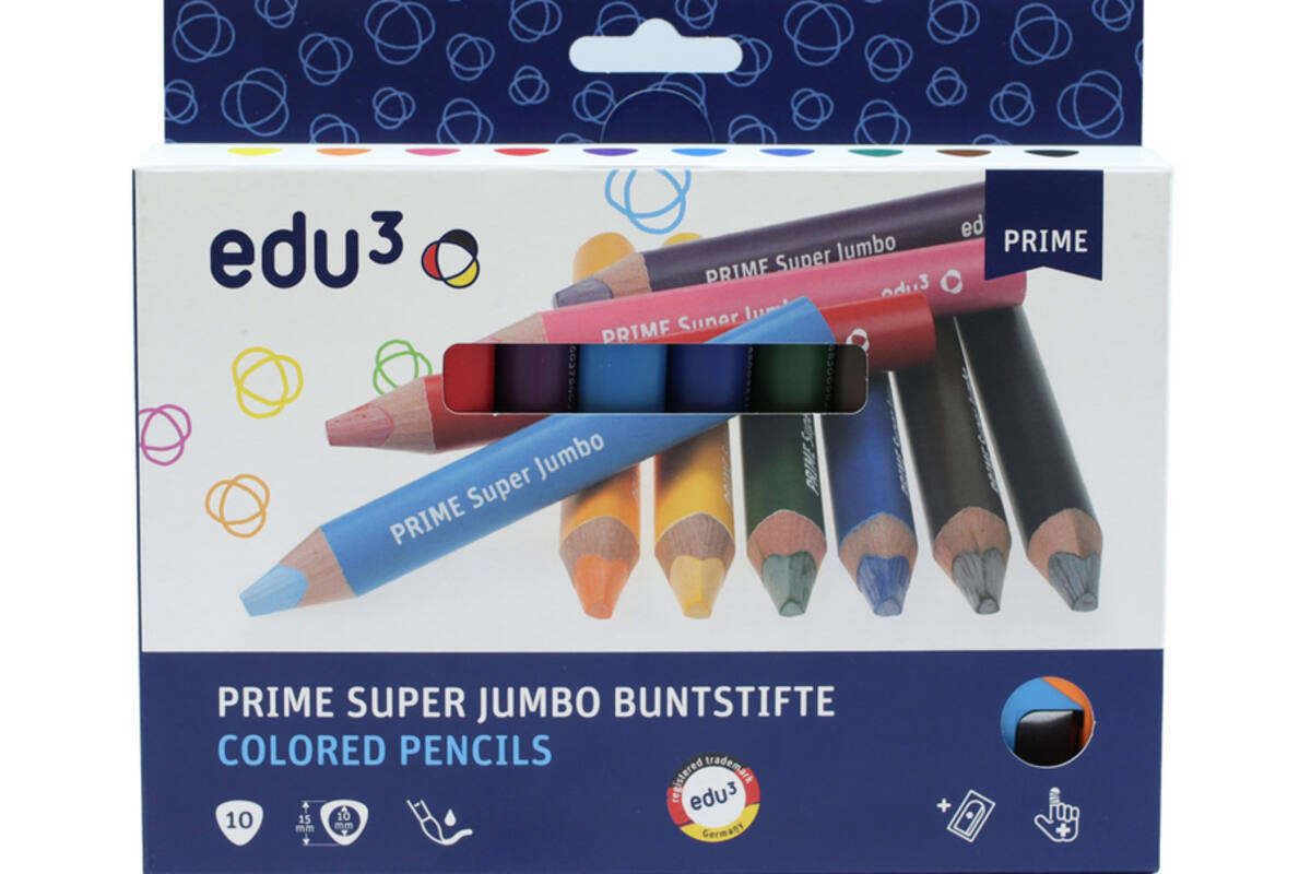 Kleurpotloden edu³ Super Jumbo 15 mm driekantig assorti, 10 stuks