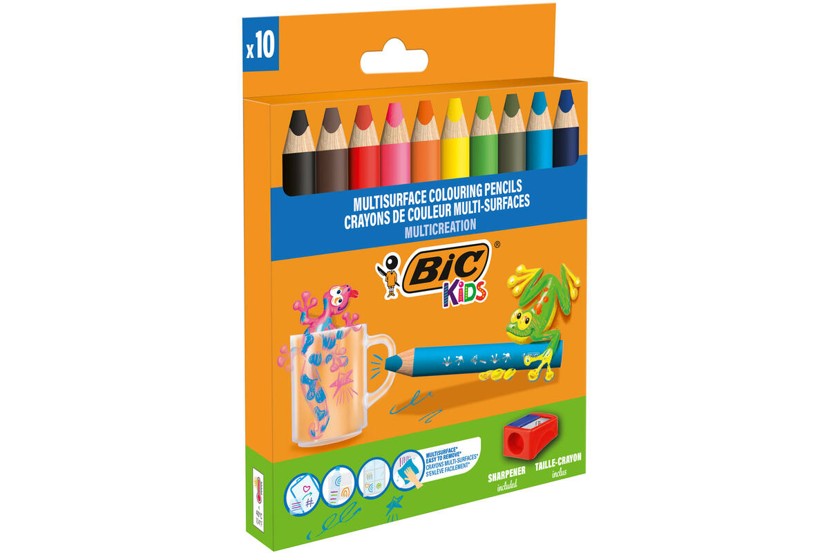 Kleurpotloden BIC Multi surface 3-in-1 assorti, 10 stuks incl. slijper