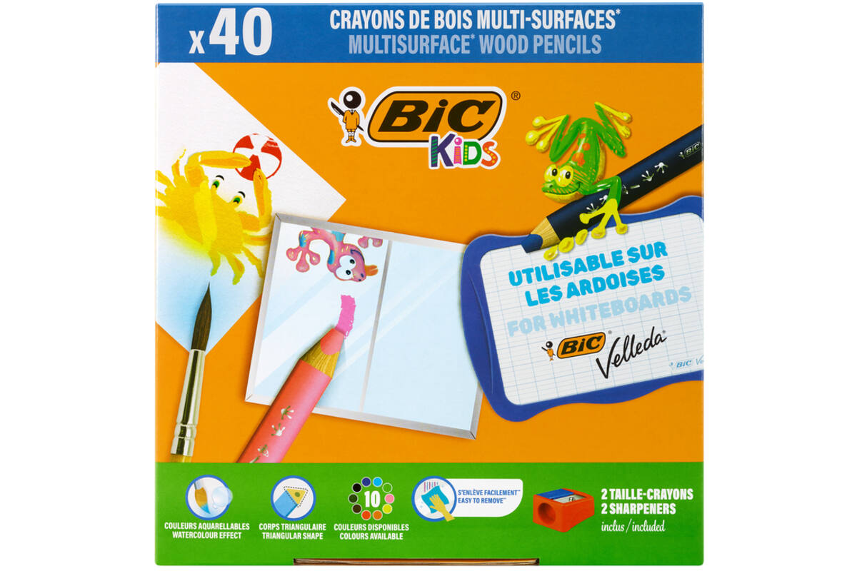 Kleurpotloden BIC Multi surface 3-in-1 assorti, 40 stuks incl. slijpers