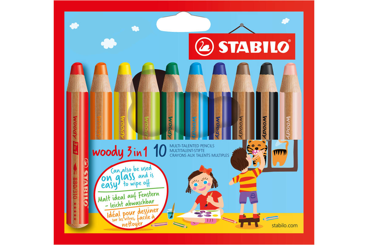 Waskrijt aquarel STABILO woody 3-in-1 assorti, 10 stuks