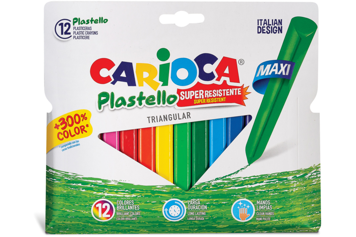 Waskrijtjes Carioca Plastello Maxi driekantig, 12 stuks