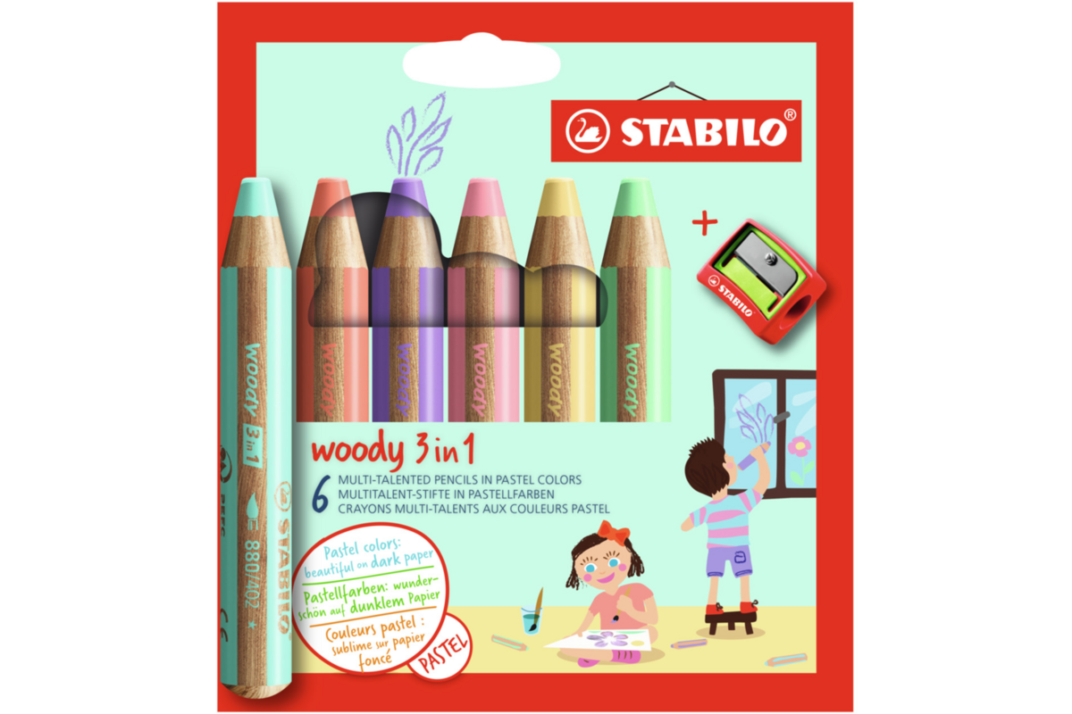 Waskrijt aquarel STABILO Woody pastel 3-in-1 assorti met slijper, 6 stuks