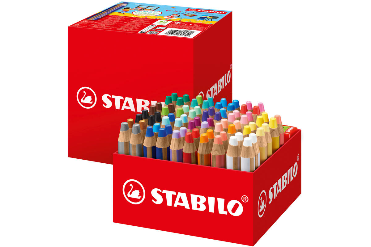 Waskrijt aquarel STABILO Woody 3-in-1 assorti classpack, 76 stuks incl. slijpers