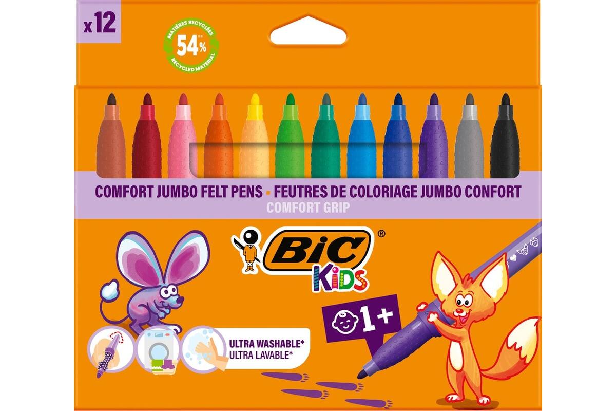 Viltstiften BIC kids comfort jumbo assorti, 12 stuks