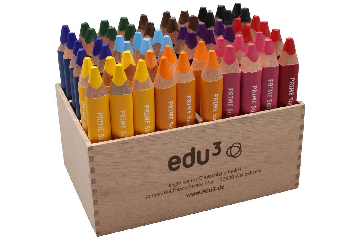 Kleurpotloden edu³ Super Jumbo 15 mm driekantig assorti, 60 stuks in houten kist