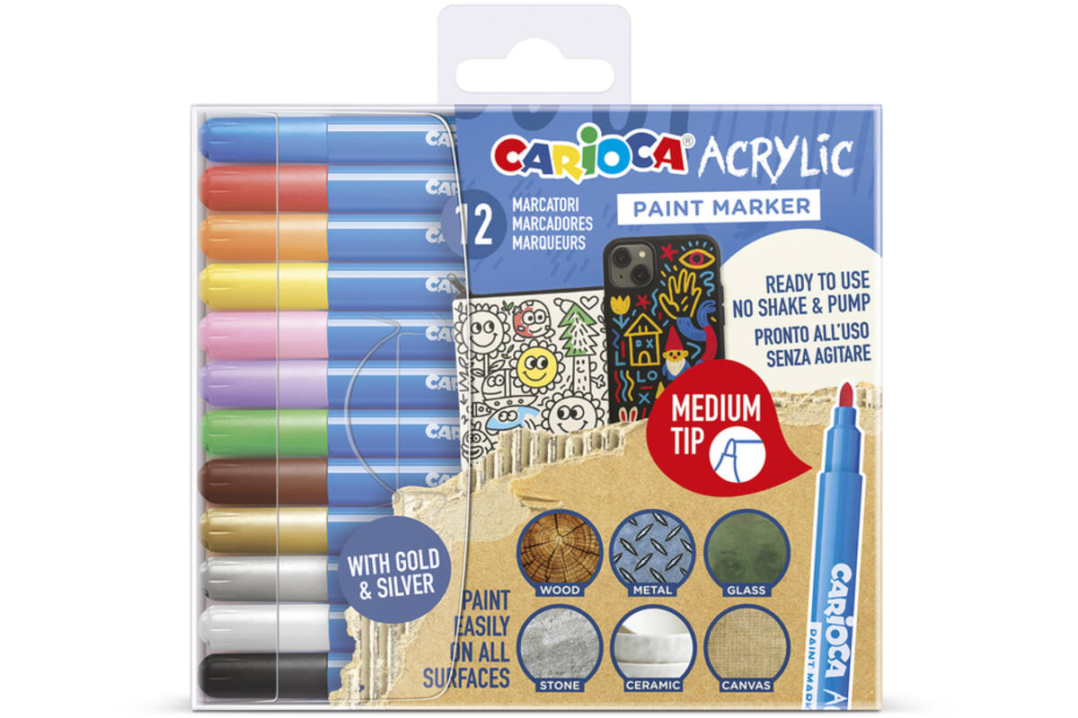 Acrylstiften Carioca assorti medium punt, 12 stuks