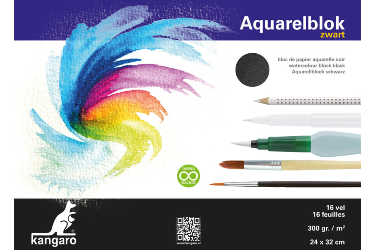 Aquarelpapier 24 x 32 cm zwart 300 gram, 16 vel