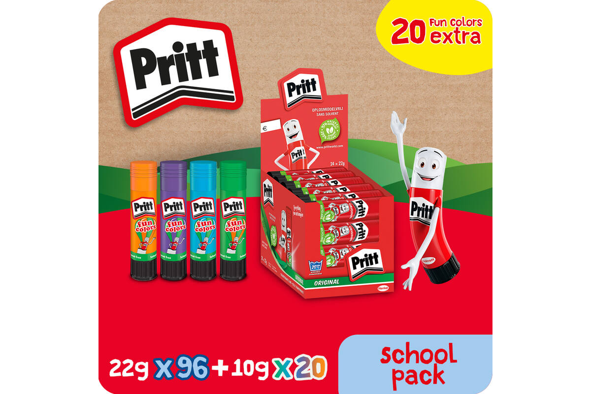 Plakstift Pritt 22 gram 96. st + 20 st. Pritt Color 10 gram