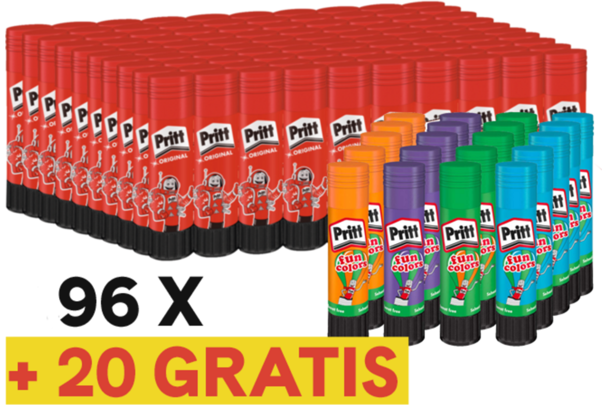 Plakstift Pritt 22 gram 96. st + 20 st. Pritt Color 10 gram