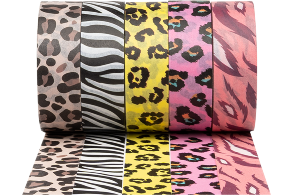 Washi Tape dierenpatronen 15 mm x 5 meter, 5 stuks