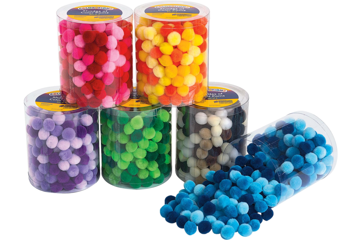 Pompons 2 cm 6 kleuren assorti, 1500 stuks