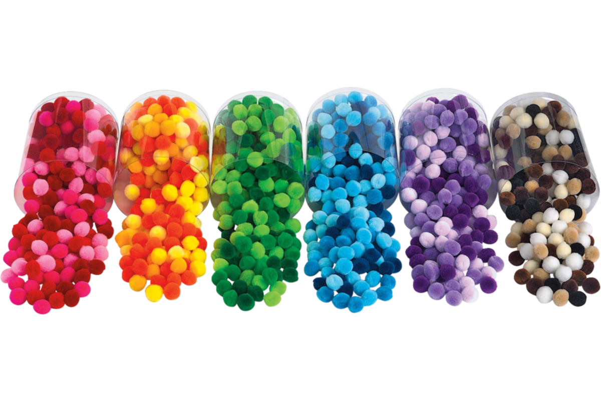 Pompons 2 cm 6 kleuren assorti, 1500 stuks