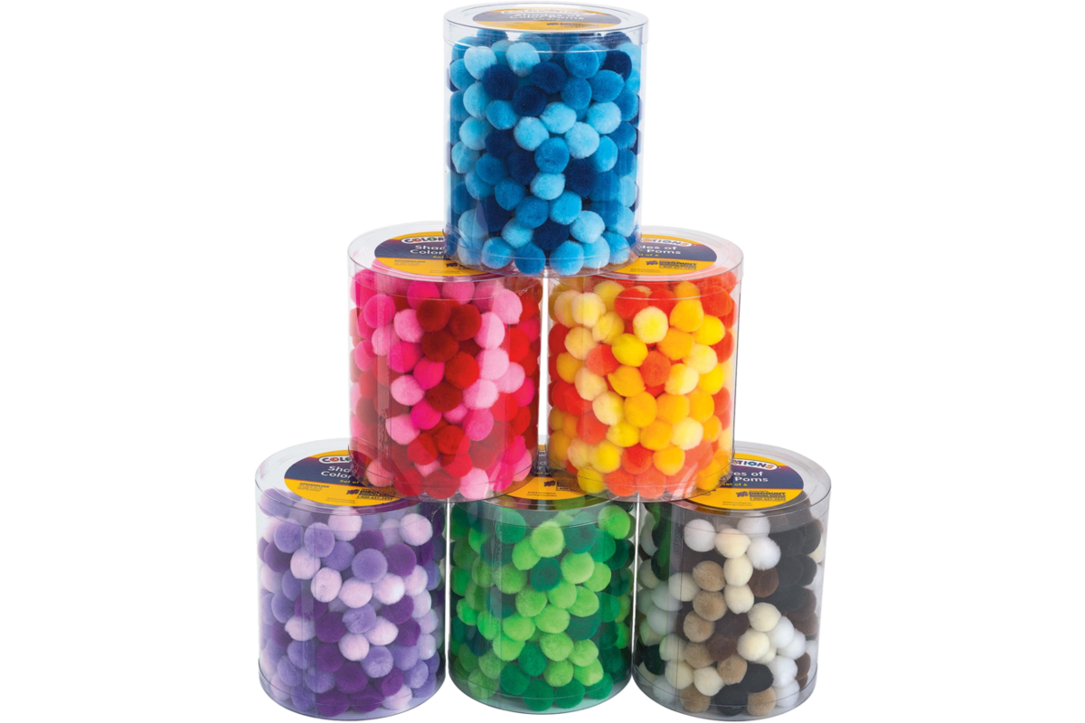 Pompons 2 cm 6 kleuren assorti, 1500 stuks