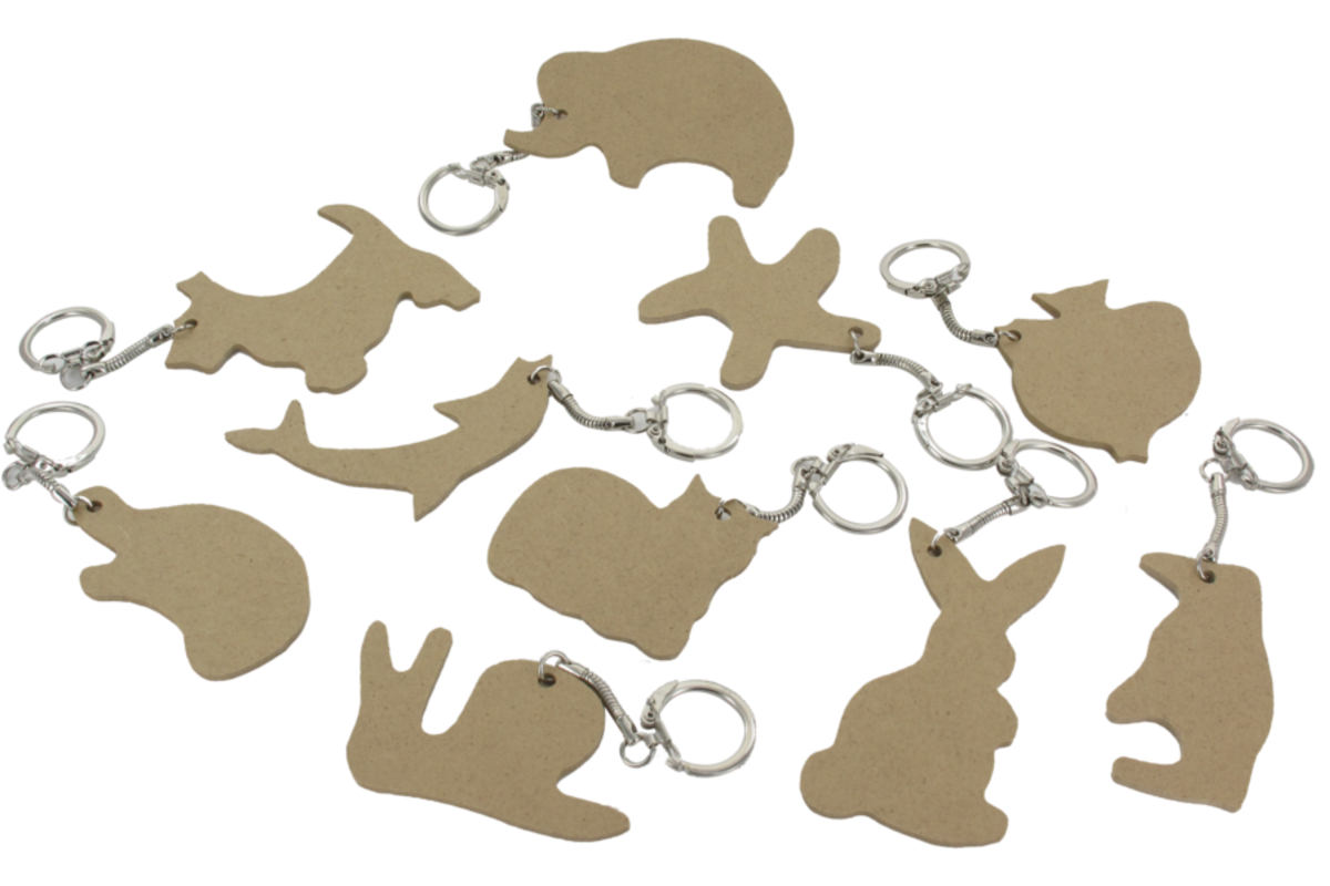 Sleutelhangers met dierenmotief hout 7 cm, 10 stuks