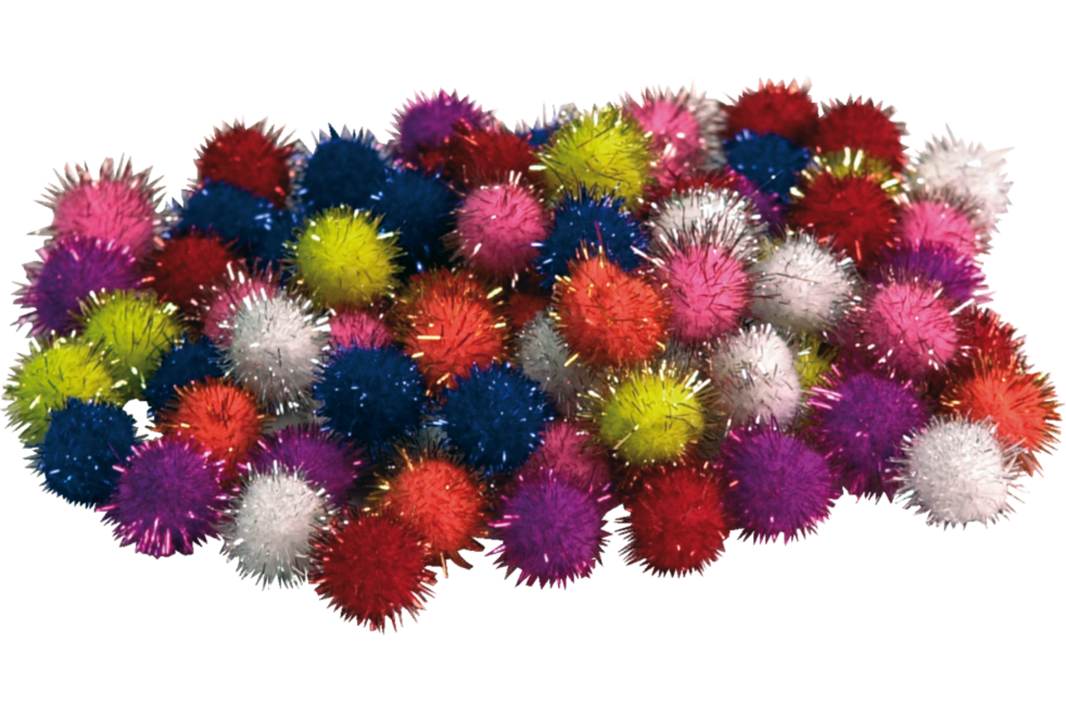 Pompons glitter, 100 stuks in diverse kleuren en maten