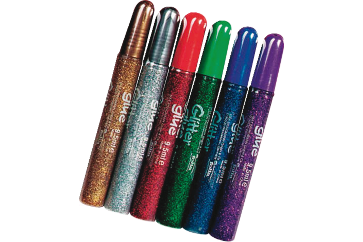Glitter lijmpen, 6 kleuren metallic 9,5 ml