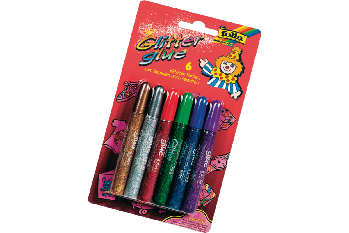 Glitter lijmpen, 6 kleuren metallic 9,5 ml