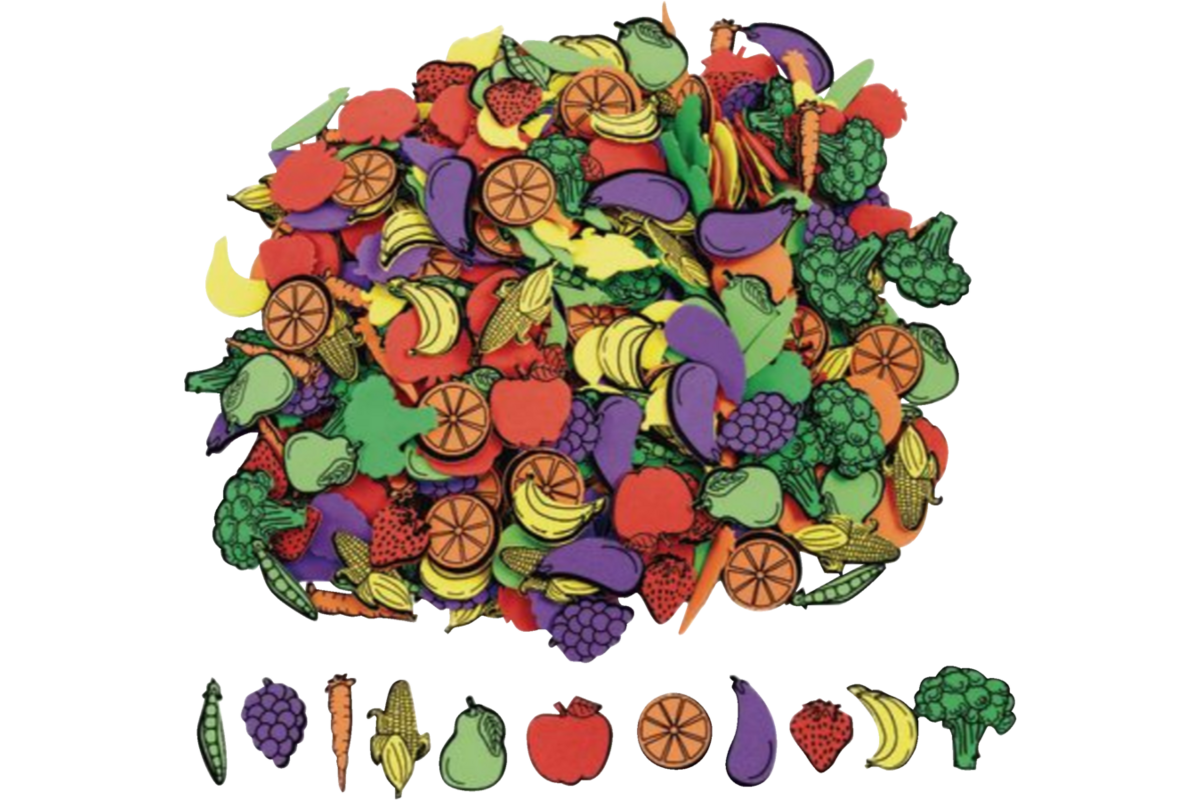 Foam plakfiguren groente/fruit 4-5 cm assorti, 500 stuks