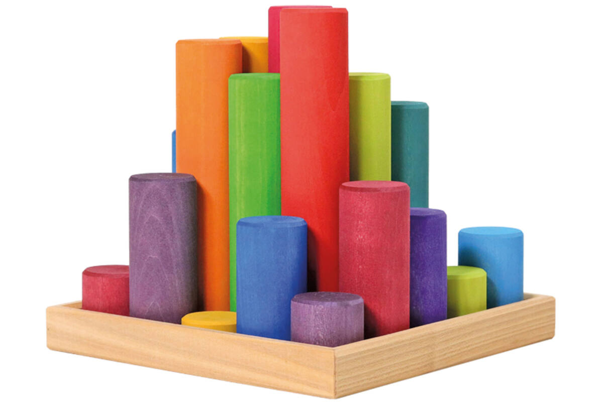 Grimm's - bouwblokken cilinders - regenboogkleuren - hout - set van 25