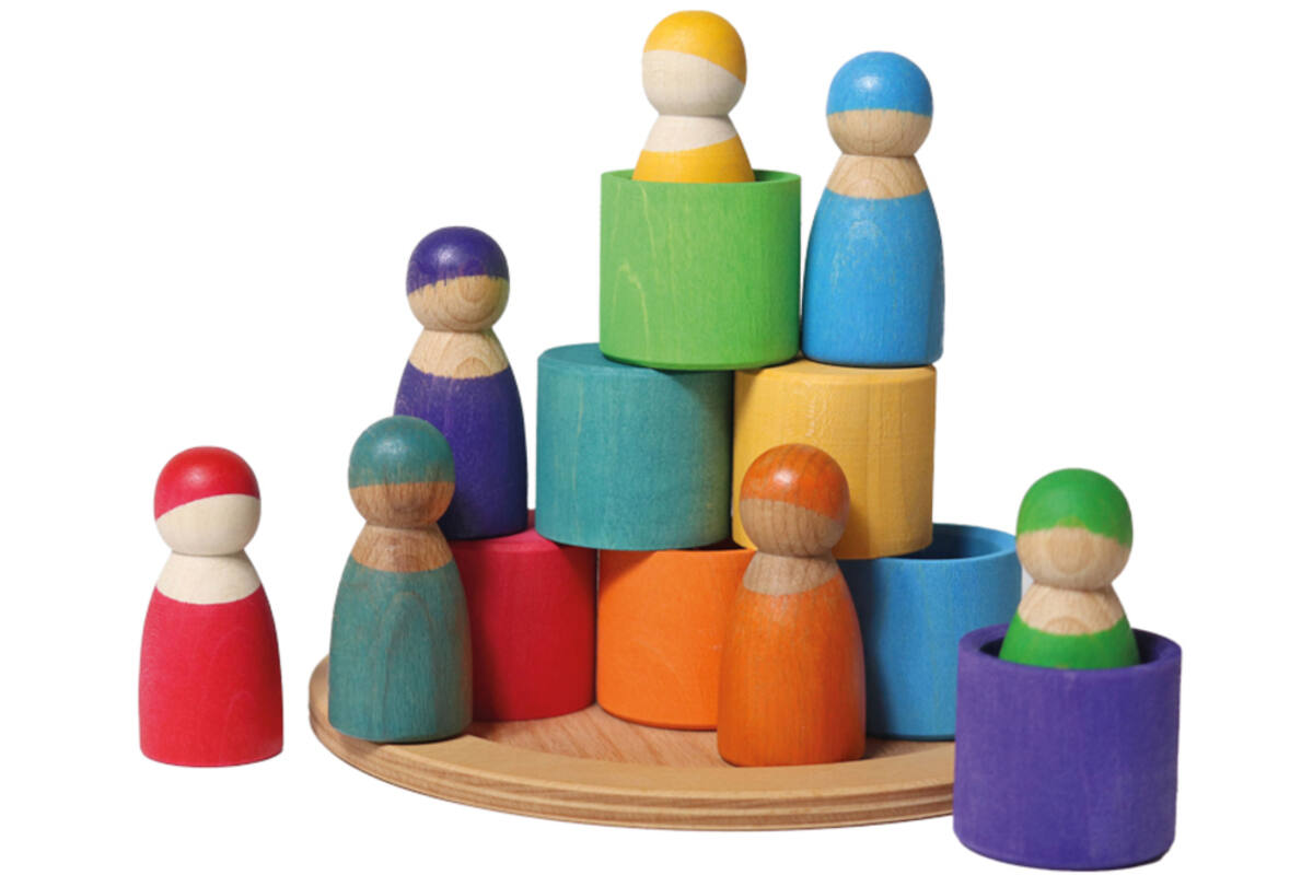 Grimm's - zeven regenboog vriendjes in potjes - hout - set van 14