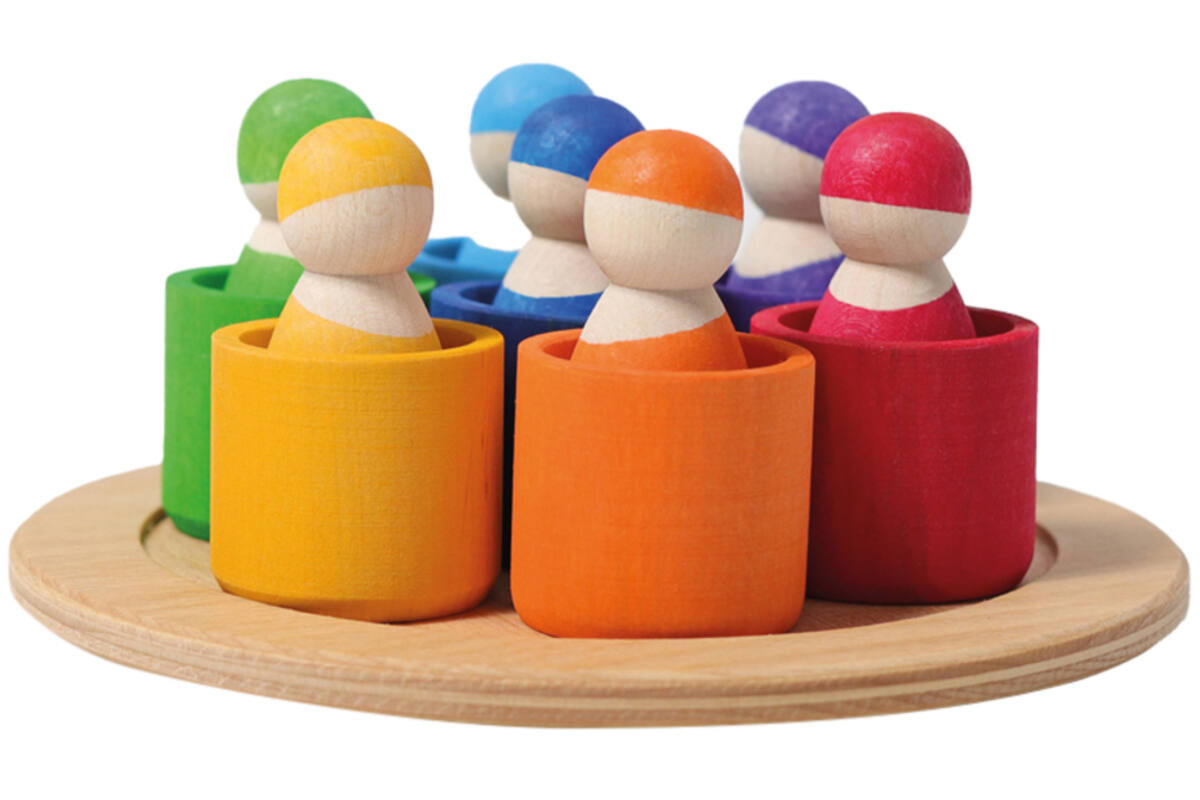 Grimm's - zeven regenboog vriendjes in potjes - hout - set van 14