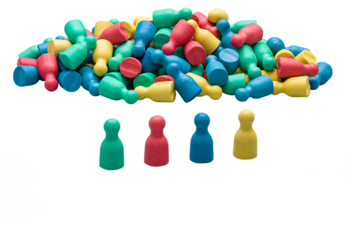 Pionnen in 4 kleuren (25 rode, groene, blauwe en gele), set van 100 stuks