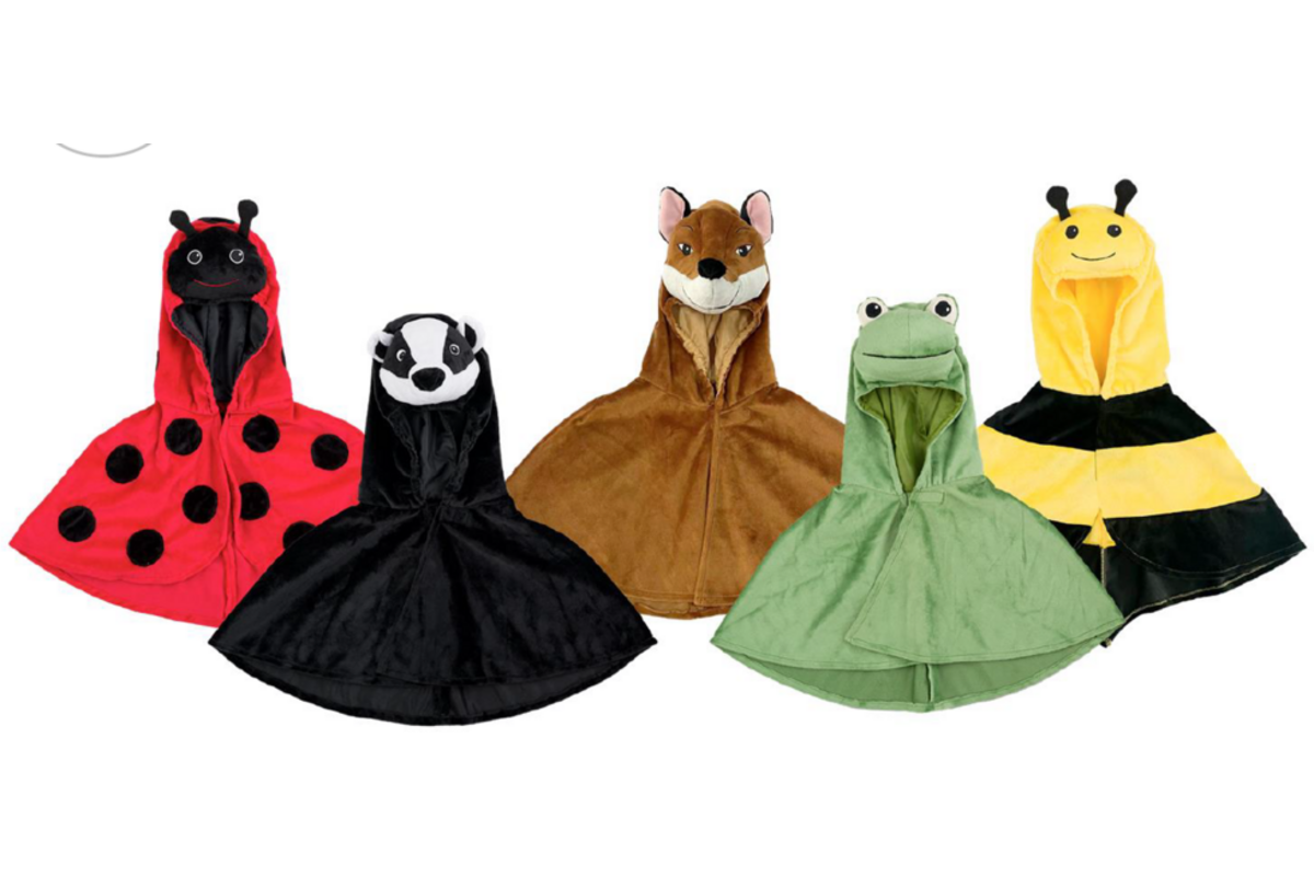 Bosdierencapes, set van 5, Lieveheersbeestje, Das, Vos, Kikker, Hommel