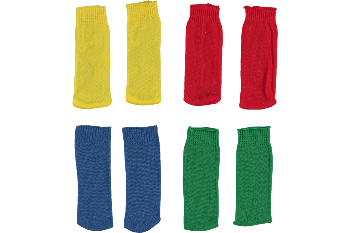 Poppensokjes, 4 paar (blauw, rood, groen en geel)