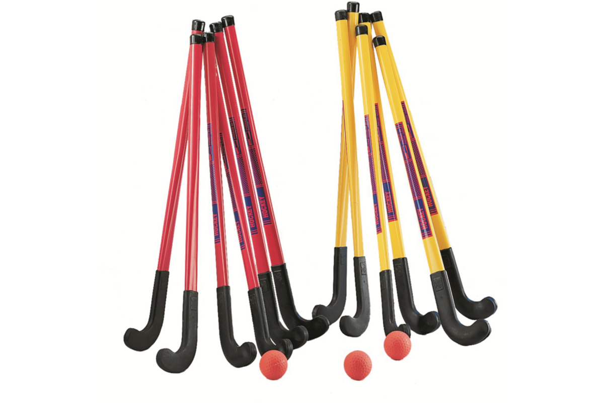 Zaalhockeyset, play fit rood/geel, 12 stuks incl. tas