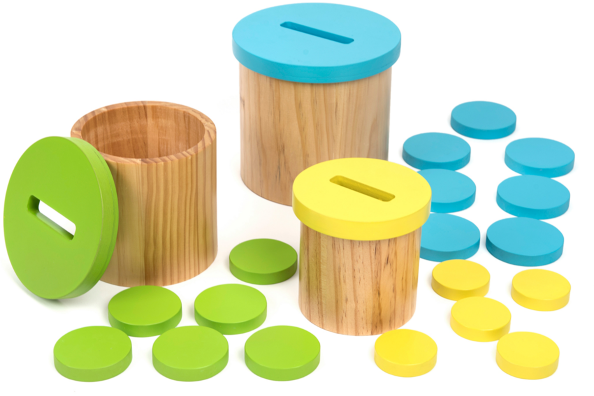Kleur en sorteelspel met 3 houten bakken, schijven