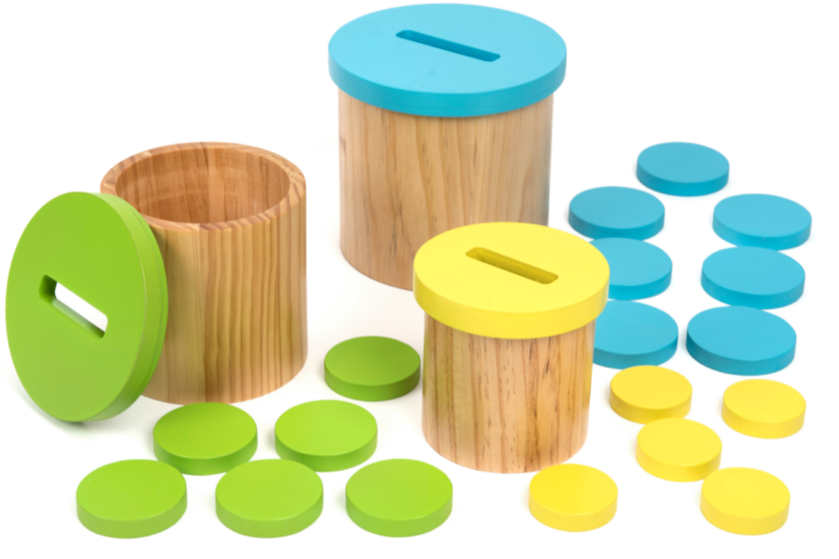 Kleur en sorteelspel met 3 houten bakken, schijven
