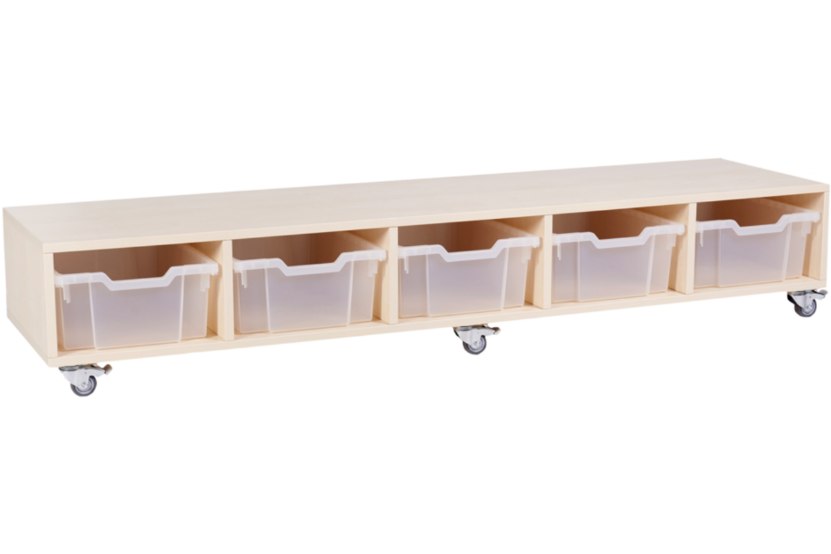 Peuterbank recht 172 x 43 x 30 cm incl wielen, 5 lades 15 cm hoog, ahorn