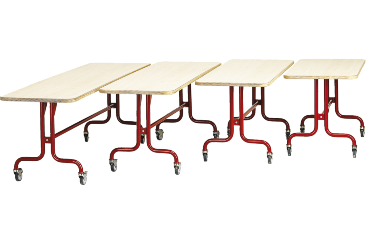 Tafel 150 x 60 cm, rood onderstel blad met berkenstructuur hoogte 71 cm