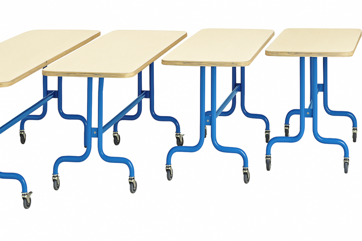 Tafel 180 x 80 cm, blauw onderstel blad met berkenstructuur hoogte 71 cm
