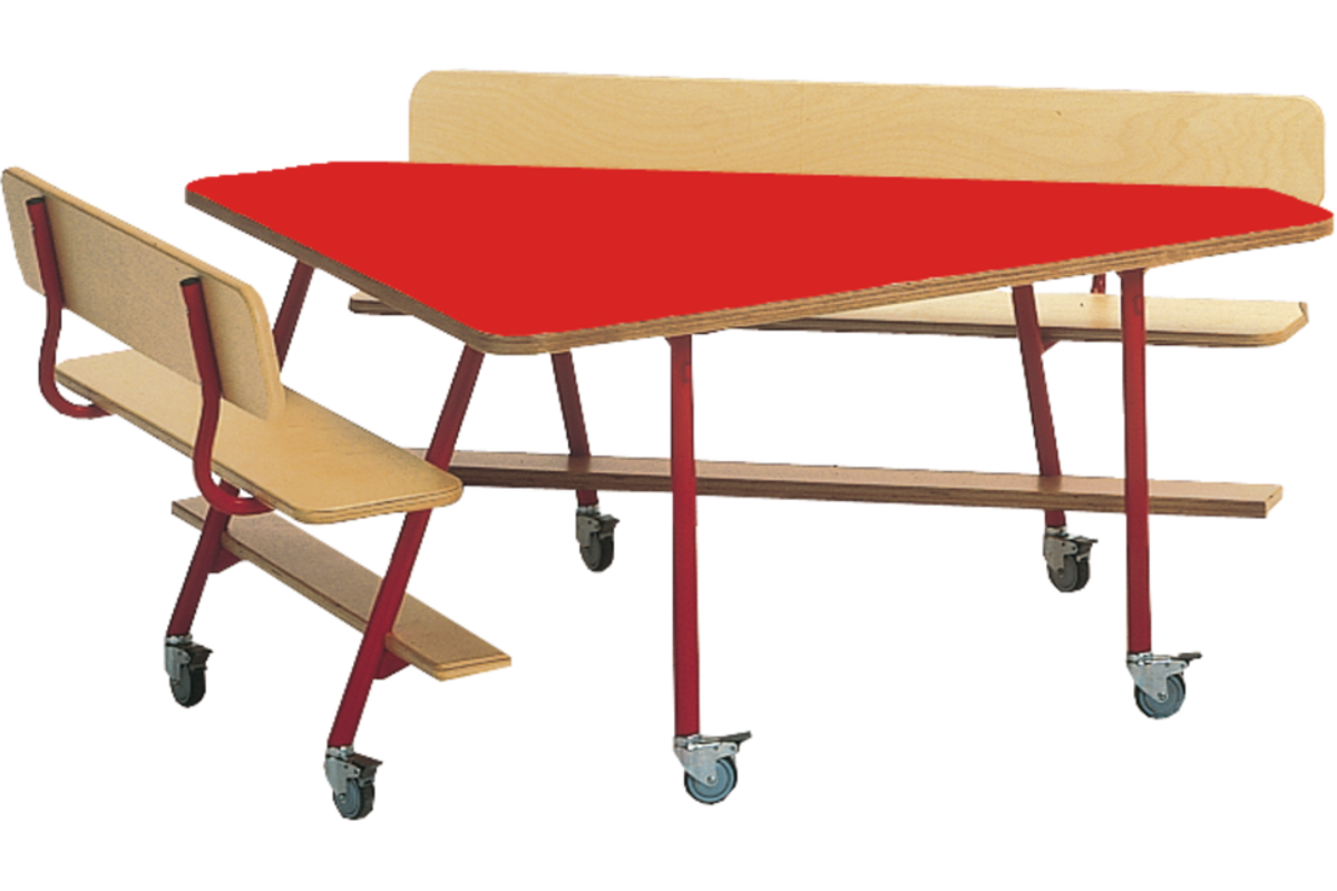 Tafel 132 x 80 cm met 2 banken, rood onderstel en gekleurd blad hoogte 71 cm