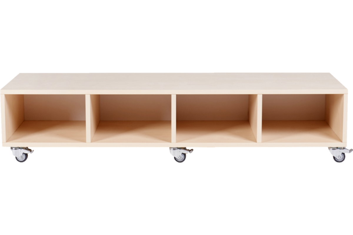 Peuterbank recht 138 x 43 x 30 cm incl wielen, 4 lades 15 cm hoog, ahorn