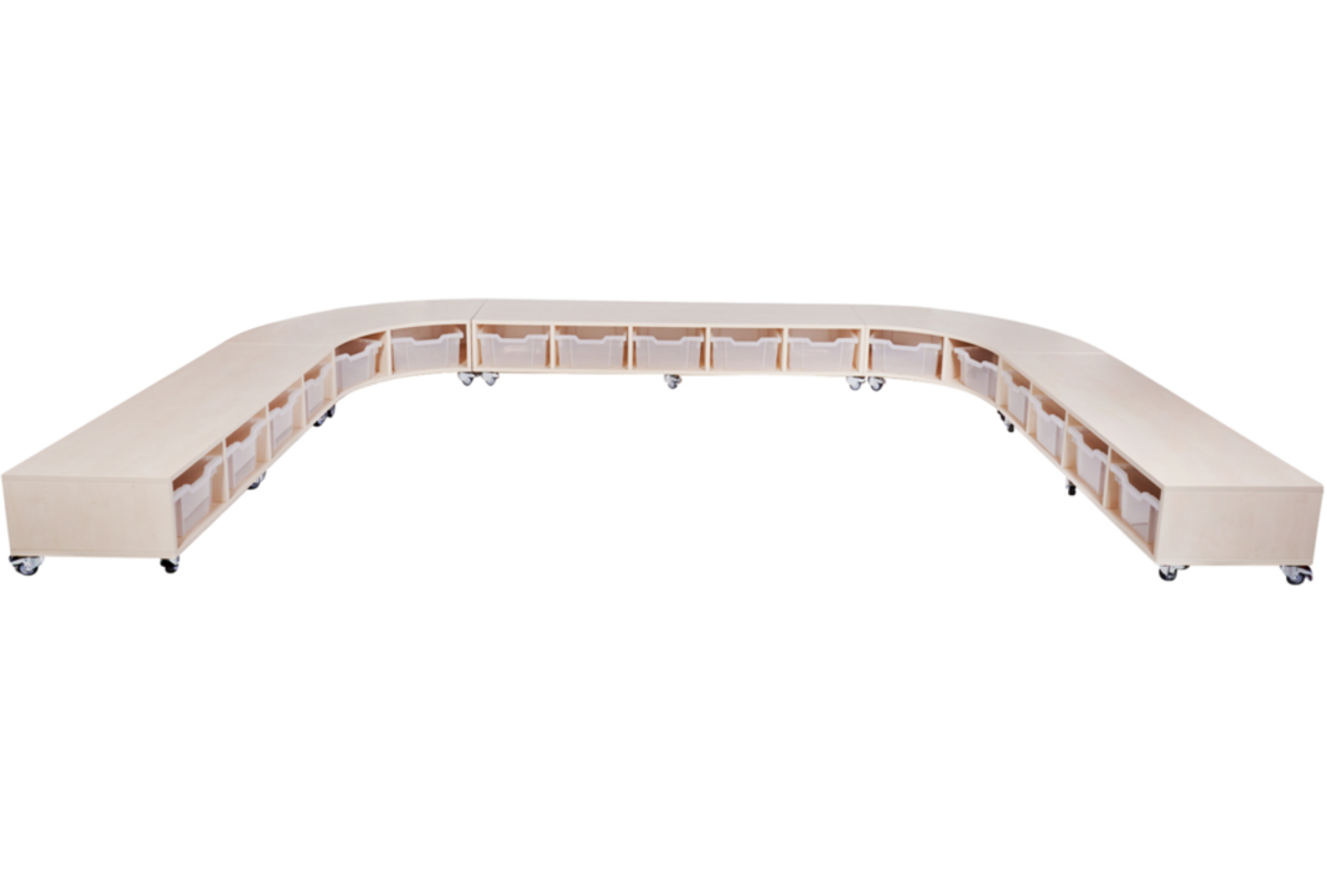 Peuterbank recht 138 x 43 x 30 cm incl wielen, 4 lades 15 cm hoog, ahorn