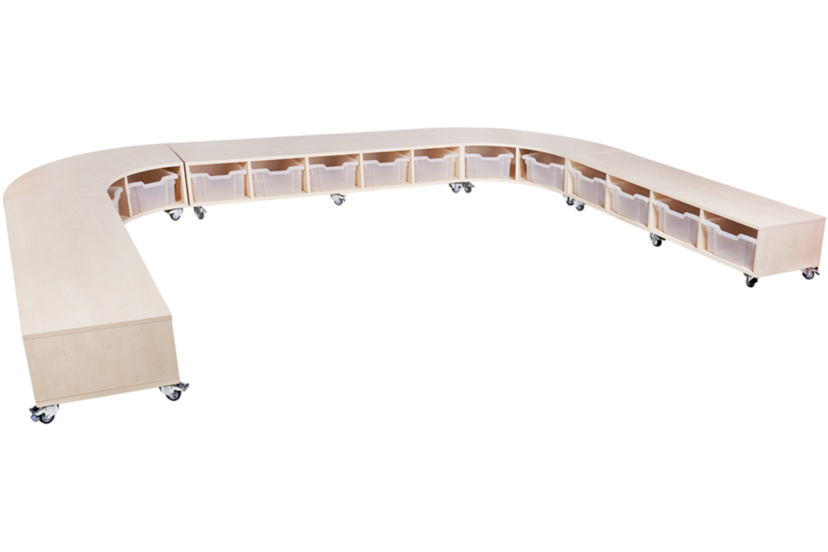 Peuterbank recht 138 x 43 x 30 cm incl wielen, 4 lades 15 cm hoog, ahorn