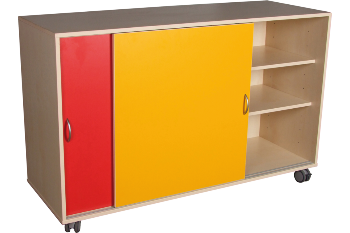 Materiaalkast Flex 4, 4 legplanken gekleurde schuifdeuren en wielen, Ahorn