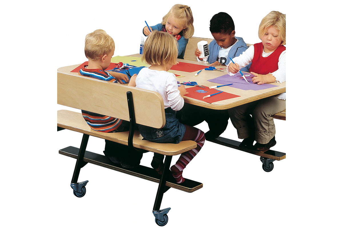 Tafel 132 x 80 cm met 2 banken, zwart onderstel en berkenstructuur blad