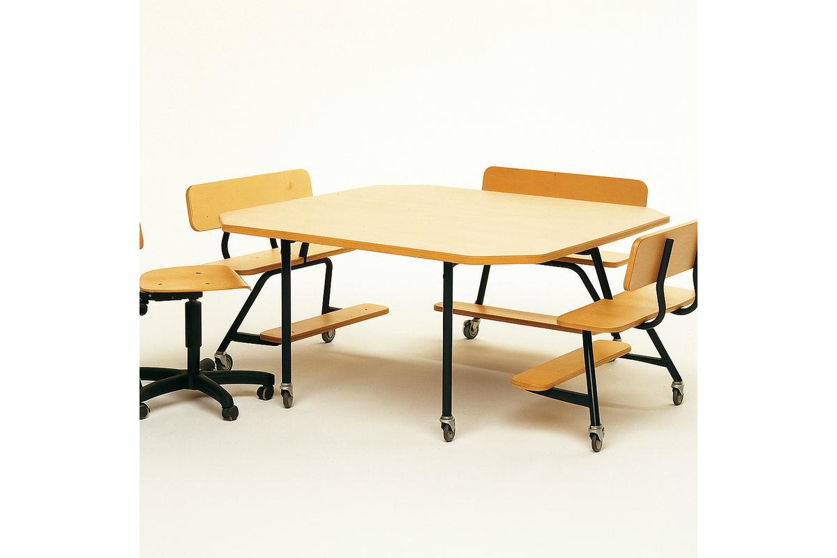 Peuterinstructietafel met 3 banken, zwart onderstel en berkenstructuur blad