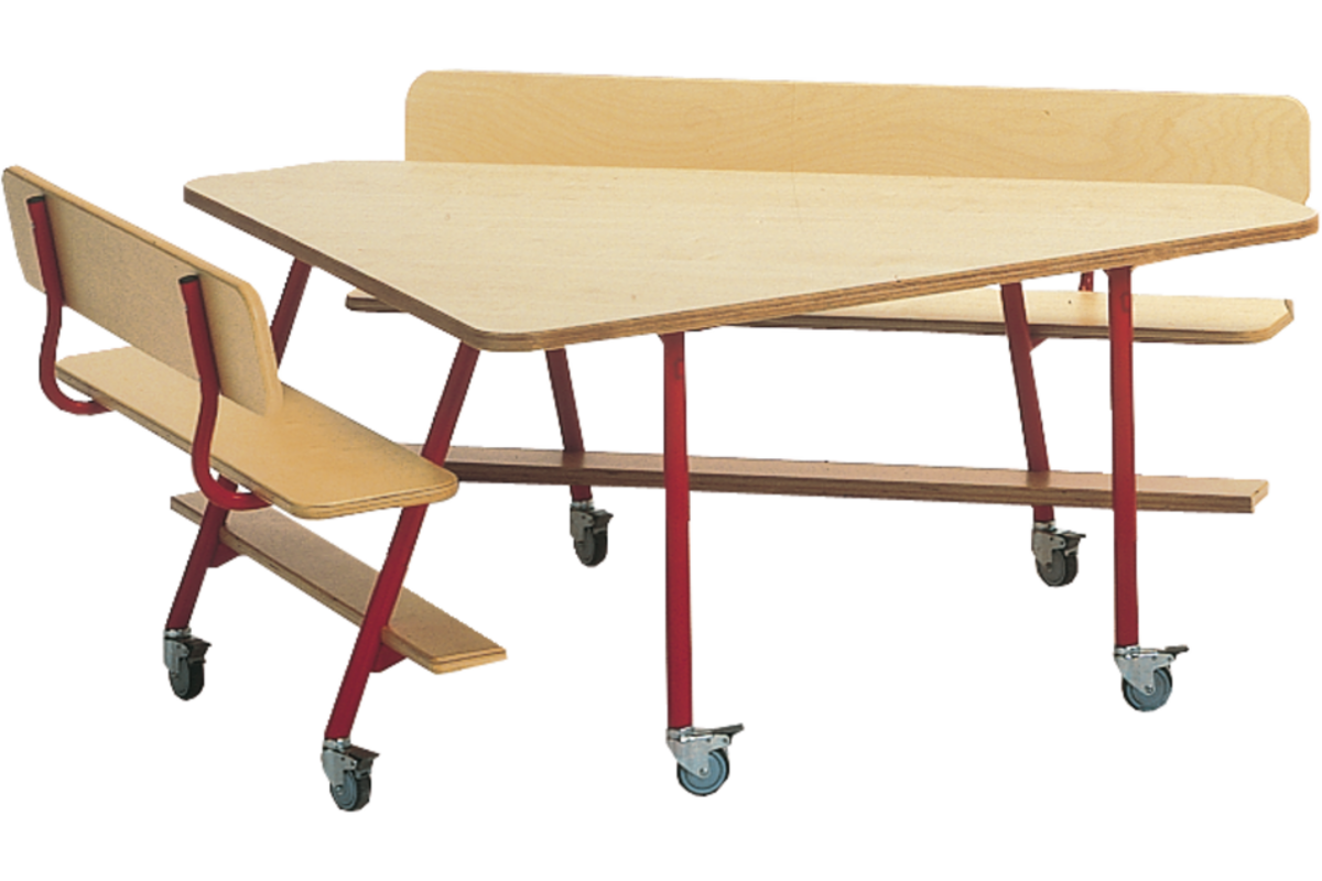 Driehoektafel met 2 banken, rood onderstel en blad berkenstructuur