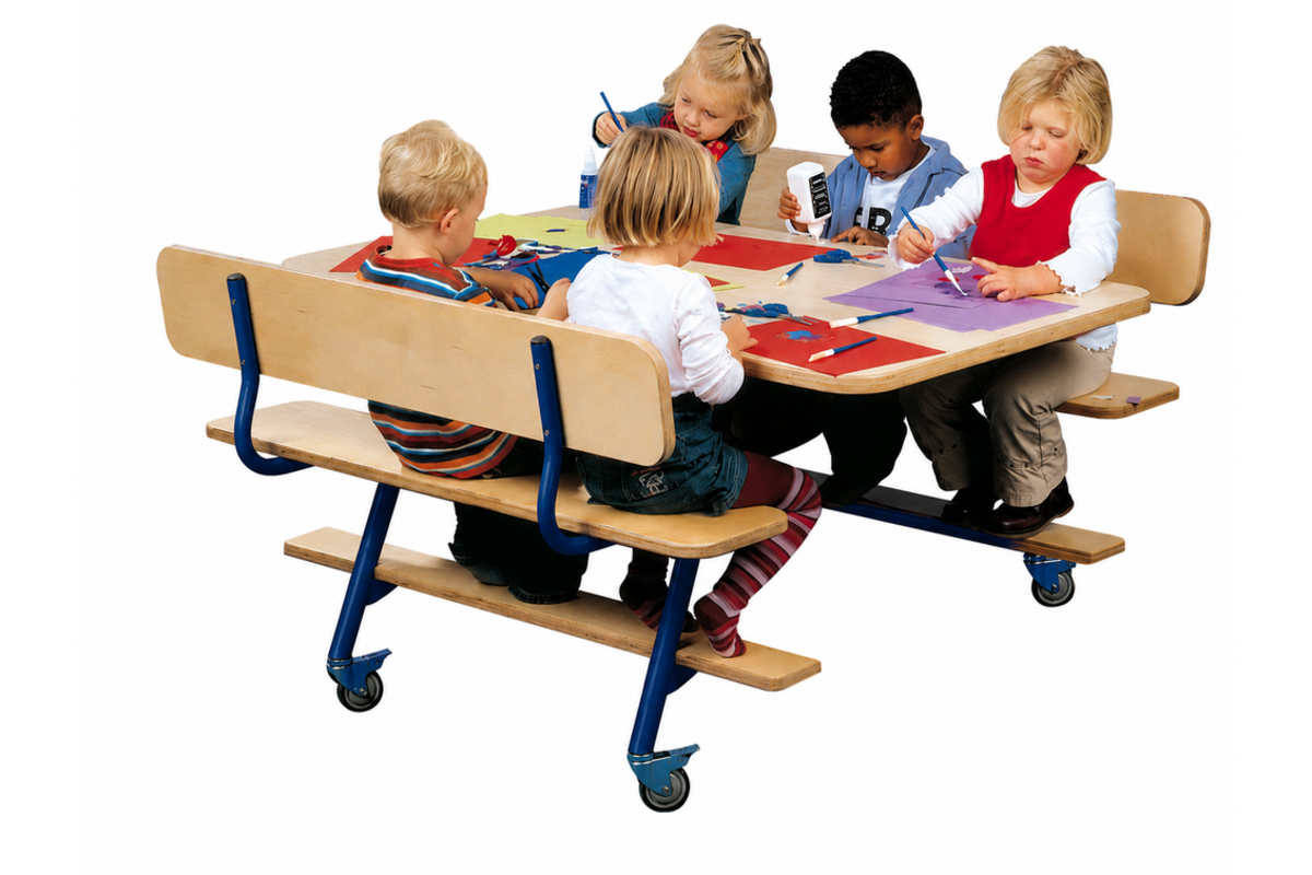 Tafel 132 x 80 cm met 2 banken, blauw onderstel en berkenstructuur blad