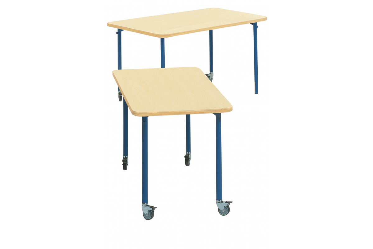Tafel 132 x 66cm, blauw onderstel blad met berkenstructuur
