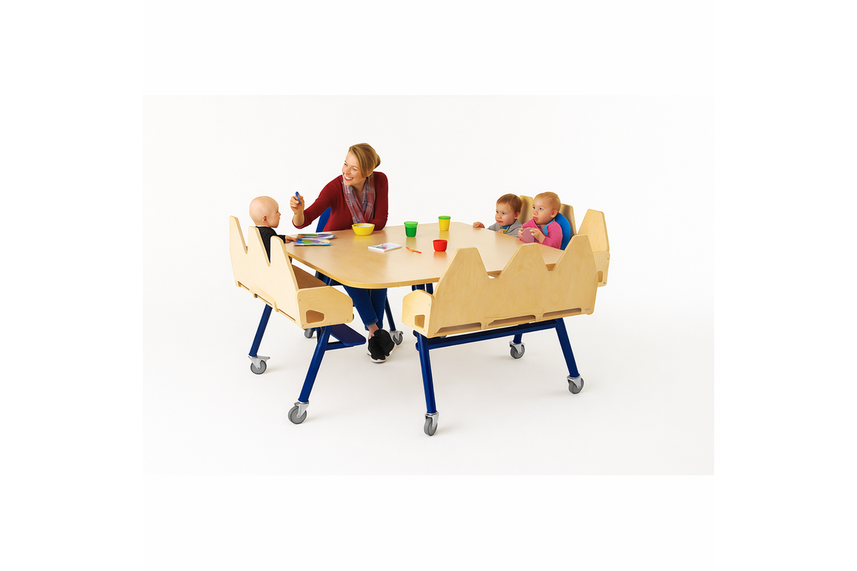 Begeleidingstafel blauw formica met 2 banken