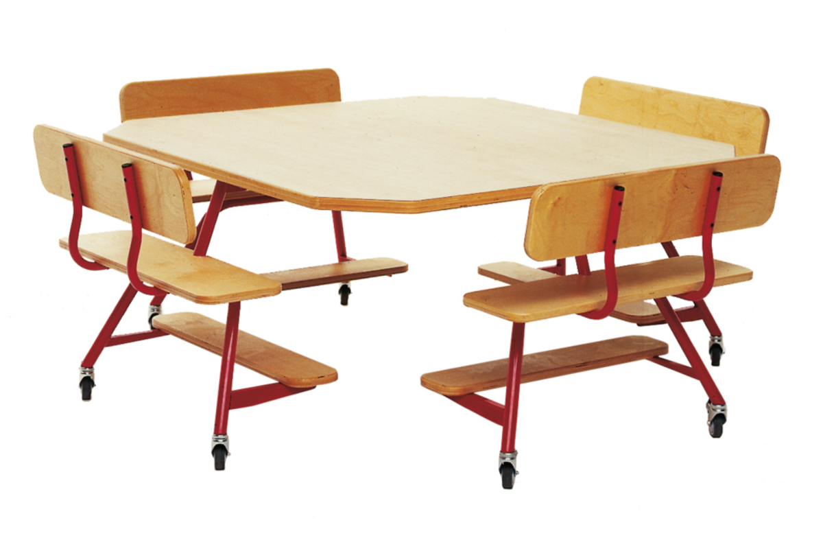 Peuterinstructietafel met 4 banken, blauw onderstel en berkenstructuur blad